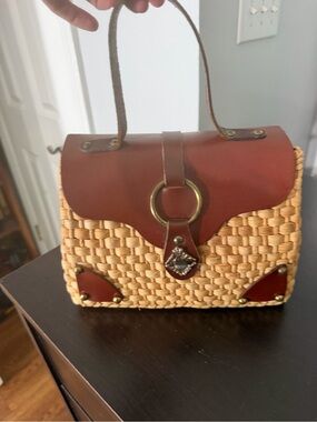 VINTAGE 60s/70s ettiene aigner woven  Straw bag with Brown Leather Trim